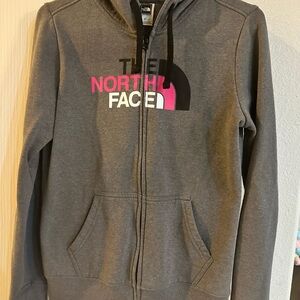The North Face Gray Hoodie with Pink and White Logo